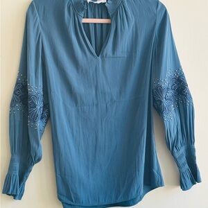 Chico's Blue Puff Sleeve Blouse with Mandarin Collar